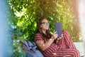 Young woman with tablet computer in the park