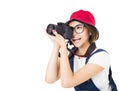 Happy young woman taking photo on camera Royalty Free Stock Photo