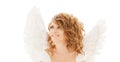 Happy young woman or teen girl with angel wings Royalty Free Stock Photo