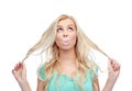 Happy young woman or teenage girl chewing gum Royalty Free Stock Photo