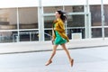 Happy young woman or teenage girl on city street Royalty Free Stock Photo