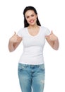 Happy young woman or teenage girl in white t-shirt