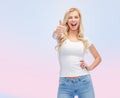 Happy young woman or teenage girl in white t-shirt Royalty Free Stock Photo