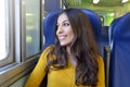 Happy young woman traveling looking out of window while sitting in the train. Royalty Free Stock Photo