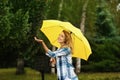 Happy young woman with umbrella under rain Royalty Free Stock Photo