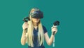 Happy young woman using joystick playing games on virtual reality glasses indoor