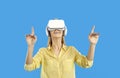 Happy young woman in VR glasses discover tech horizon Royalty Free Stock Photo