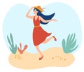 Happy young woman walking on the beach. Lady in a summer dress hold her hat. Happy smiling woman goes at outdoor on summer sunny Royalty Free Stock Photo