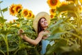 Young woman walking in blooming sunflower field feeling free and admiring nature. Summer vacation Royalty Free Stock Photo