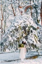 Happy young woman walks in forest among snow covered pine trees in sunny day Royalty Free Stock Photo