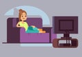 Happy young woman watching tv and lying on sofa. Recreation pastime vector concept Royalty Free Stock Photo