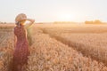 Happy young woman in wheat field by sunset, daydream Royalty Free Stock Photo