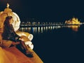 Happy young woman wondering in Budapest night panorama Royalty Free Stock Photo