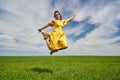 Happy young woman jumping for joy on a wheat field Royalty Free Stock Photo