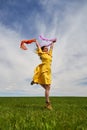 Happy young woman jumping for joy on a wheat field Royalty Free Stock Photo