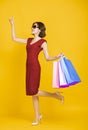 Happy young womanl holding shopping bags  and  pointing something Royalty Free Stock Photo