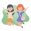 Happy young women celebrating jumping characters