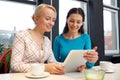 Happy young women drinking tea or coffee at cafe Royalty Free Stock Photo