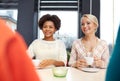 Happy young women drinking tea or coffee at cafe Royalty Free Stock Photo