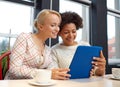 Happy young women drinking tea or coffee at cafe Royalty Free Stock Photo