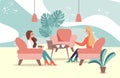 Happy Young Women Pair Talking Sit at Cafe Cartoon Royalty Free Stock Photo