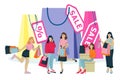 Happy young women with shopping bags make shopping. Vector flat cartoon illustration. Fashion seasonal sale concept