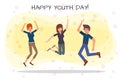 Happy youth day greeting card. Diverse friends having fun together for event celebration. Stock vector illustration. Royalty Free Stock Photo