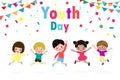 Happy youth day Teen people group of diverse girls and boys jumping together in flat style Template for advertising brochure