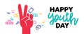 Happy youth day web banner peace hand sign