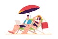 Happye couple relaxing while sitting in lounge deck chair at the beach under umbrella. Vector illustration Royalty Free Stock Photo