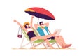 Happye couple relaxing while sitting in lounge deck chair at the beach under umbrella. Vector illustration Royalty Free Stock Photo