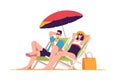 Happye couple relaxing while sitting in lounge deck chair at the beach under umbrella. Vector illustration Royalty Free Stock Photo