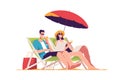 Happye couple relaxing while sitting in lounge deck chair at the beach under umbrella. Vector illustration Royalty Free Stock Photo