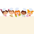 Banner with diverse group of children chefs. Children with cooking hats. Vector illustration background. Royalty Free Stock Photo
