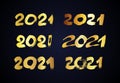 2021 hand drawn numbers. Set of six gold grunge calligraphy lettering Royalty Free Stock Photo