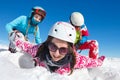 Happys familly on winter hollidays with blue sky and colorful clothes Royalty Free Stock Photo