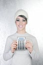 Hapy futuristic fashion winter woman calculator