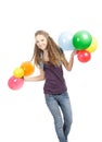 Hapy girl going with balloons over white