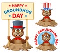 Hapy Groundhog day. Funny cartoon groundhog in the top hat congratulates you.