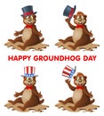 Hapy Groundhog day. Funny cartoon marmot greeting you while taki