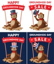 Hapy Groundhog day. Groundhog day sale. Funny cartoon marmot greeting you while taking off his hat