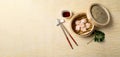 HAR GOW in bamboo steamer with sauces and chopsticks. Chinese Traditional cuisine concept. Dumplings Dim Sum in bamboo steamer Royalty Free Stock Photo