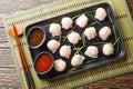 Har gow is a traditional Cantonese dumpling stuffed with shrimp closeup on the plate. Horizontal top view
