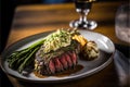 Har-grilled ribeye with mashed potatoes & asparagus and a glass of red wine. Generative AI Royalty Free Stock Photo