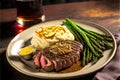 Har-grilled ribeye with mashed potatoes & asparagus and a glass of red wine. Generative AI Royalty Free Stock Photo