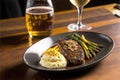 Har-grilled ribeye with mashed potatoes & asparagus and a glass of red wine. Generative AI Royalty Free Stock Photo