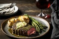 Har-grilled ribeye with mashed potatoes & asparagus and a glass of red wine. Generative AI Royalty Free Stock Photo