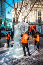 HARBIN, CHINA - DEC 30, 2018 : Ice sculptures, The workers are carve ice into various shape, located in Zhongyang Street Central