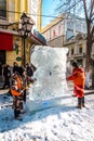 HARBIN, CHINA - DEC 30, 2018 : Ice sculptures, The workers are carve ice into various shape, located in Zhongyang Street Central