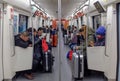 Harbin city,China-20 FEB 2018:passenger take luggage sitting in subway train view